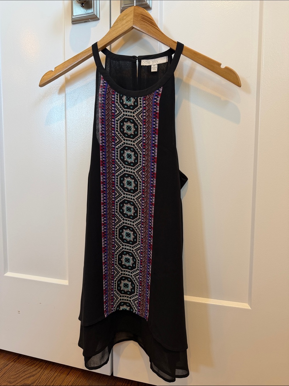 Pale Sky XS Black Chiffon Tank Top Geometric Print High Low Tunic Boho